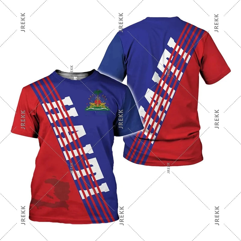 Haiti Flag Day short sleeve T-shirt for men and women featuring the Haitian flag design, casual clothing by R&G Boutique.