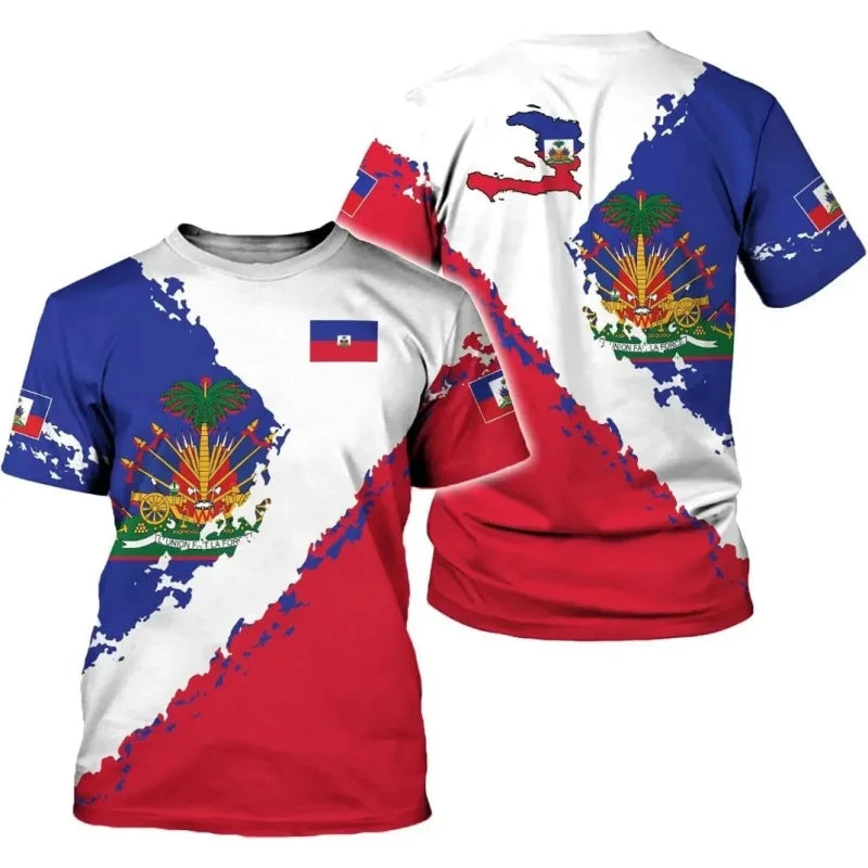 Haiti National Emblem Pattern T-Shirt For Men Haitian Flag 3D Printed Tees Casual Loose T Shirts Round Neck Tops Short Sleeves