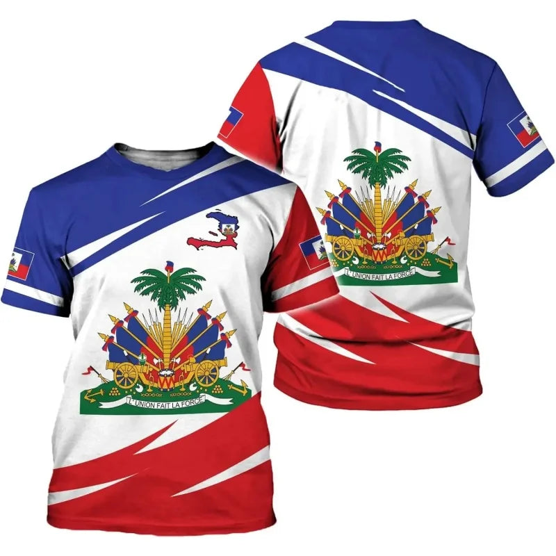 Haiti National Emblem Pattern T-Shirt For Men Haitian Flag 3D Printed Tees Casual Loose T Shirts Round Neck Tops Short Sleeves