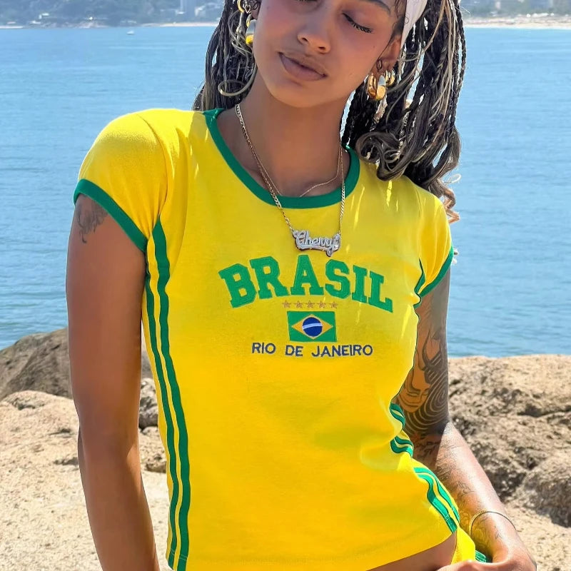 2024 Summer T-shirt For Women Brazil Letter Aesthetic 90's Crop Tops Casual shorts Short Sleeve Tee suit Streetwear Y2k Clothes