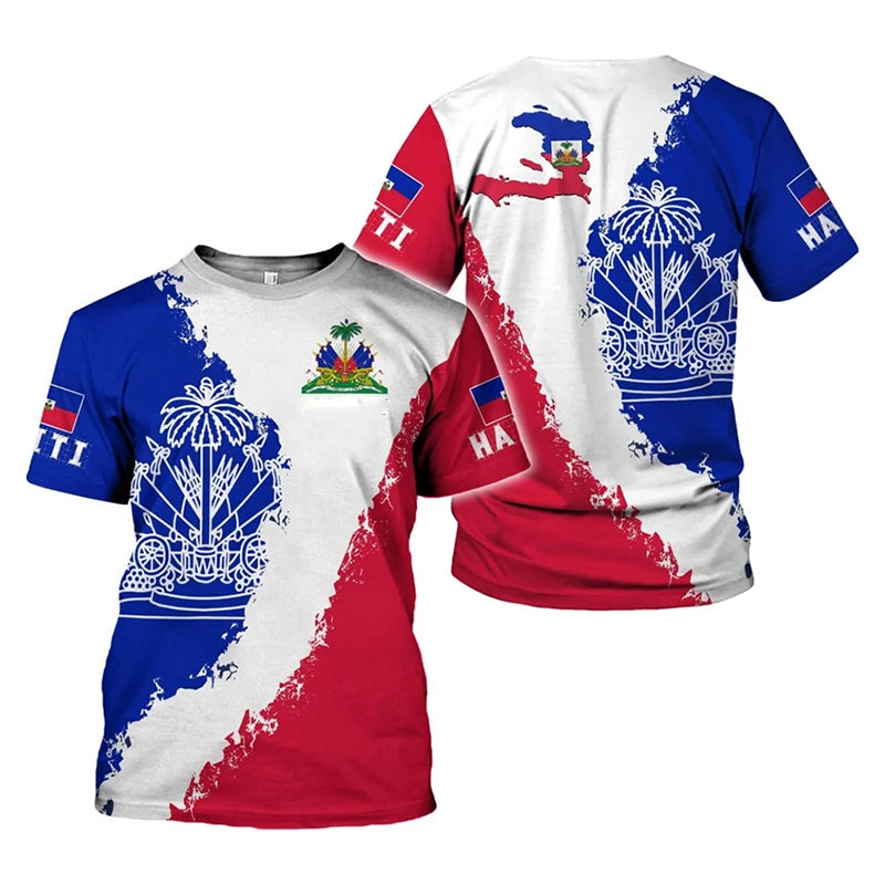 Haiti Flag Day short sleeve T-shirt for men and women, featuring vibrant Haiti flag design, from R&G Boutique.