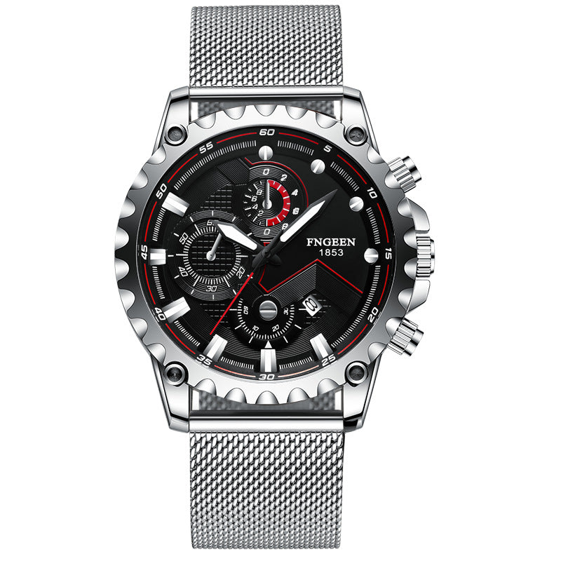 Men's waterproof stainless steel sports watch by R&G Boutique with a sleek black dial and durable metal strap.