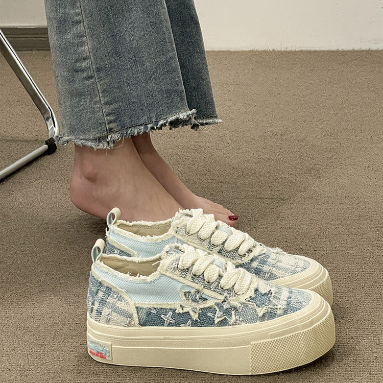 Women's thick-soled denim canvas shoes by R&G Boutique, showcasing stylish footwear with sturdy soles and casual design.
