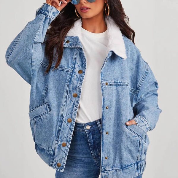 Women's denim jacket with fur collar, stylish denim coat featuring a classic design and cozy fur trim from R&G Boutique.