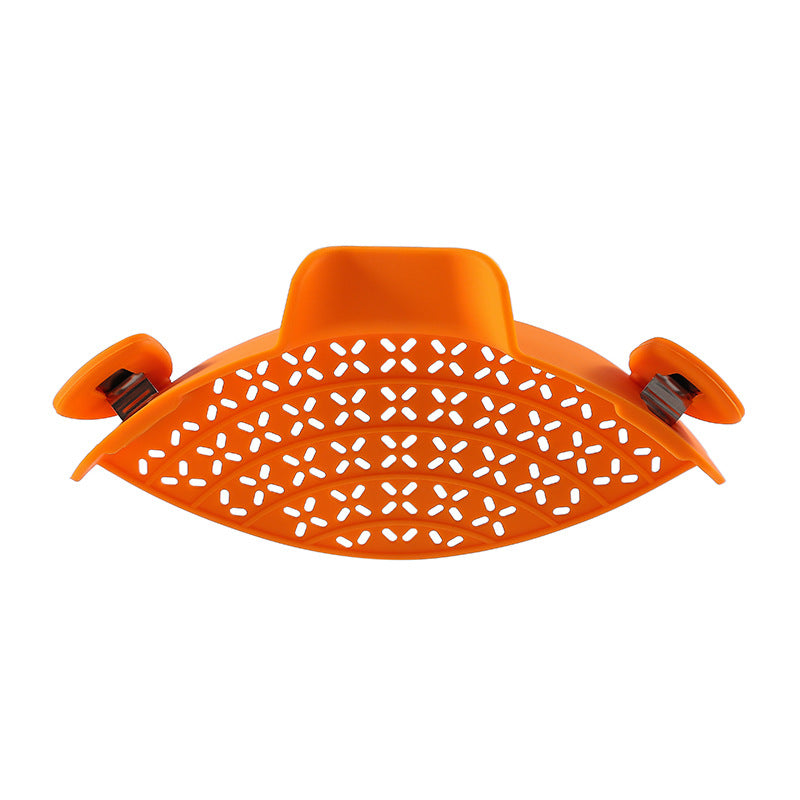 R&G Boutique silicone pot side drain stopper gadget for kitchen, designed to prevent spills and improve drainage in cookware.