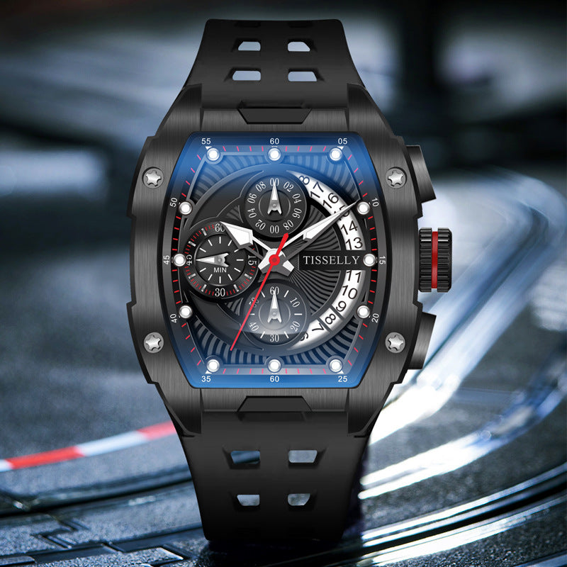 Luminous waterproof curved screen barrel-shaped quartz watch by R&G Boutique showing its sleek design and luminous display.