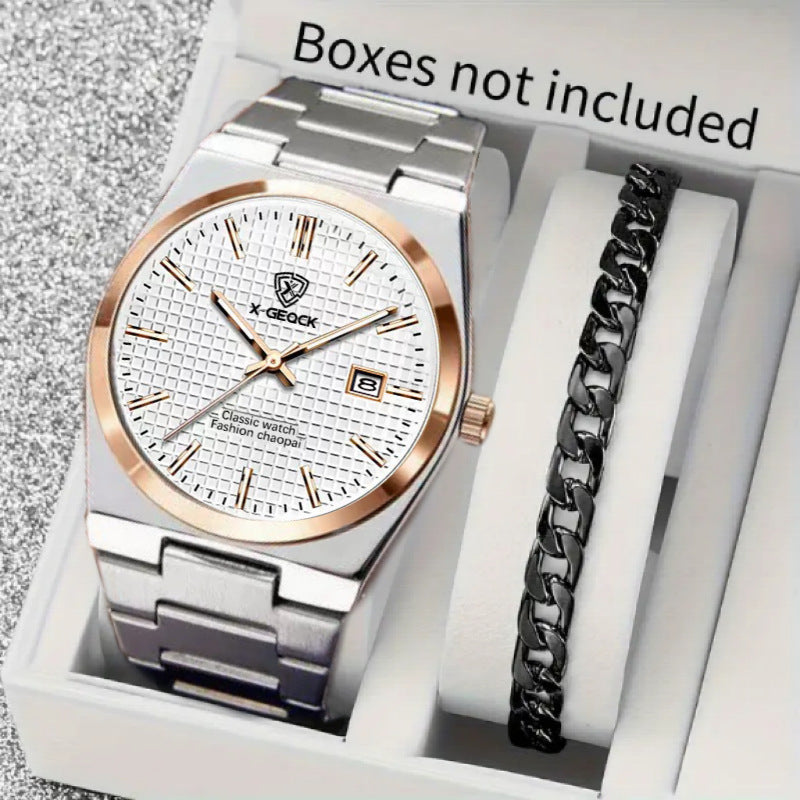 Men's Swiss quartz watch with butterfly clasp from R&G Boutique, featuring a sleek dial and stainless steel band.
