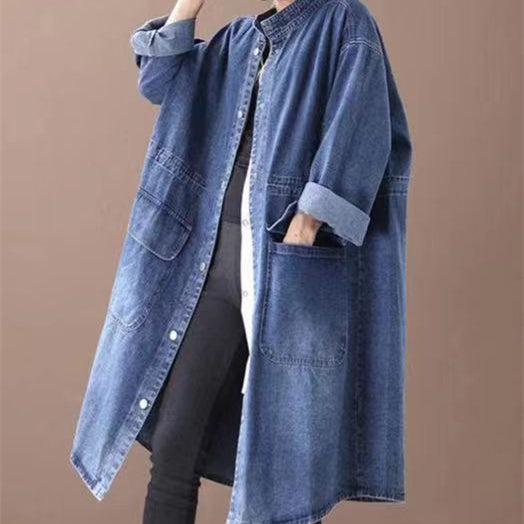 Elegant Korean and Hong Kong style slimming denim shirt dress from R&G Boutique, featuring a vintage single-breasted coat design.