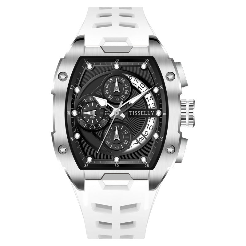 Luminous waterproof curved screen barrel-shaped quartz watch by R&G Boutique showing its luminous dial and sleek design.