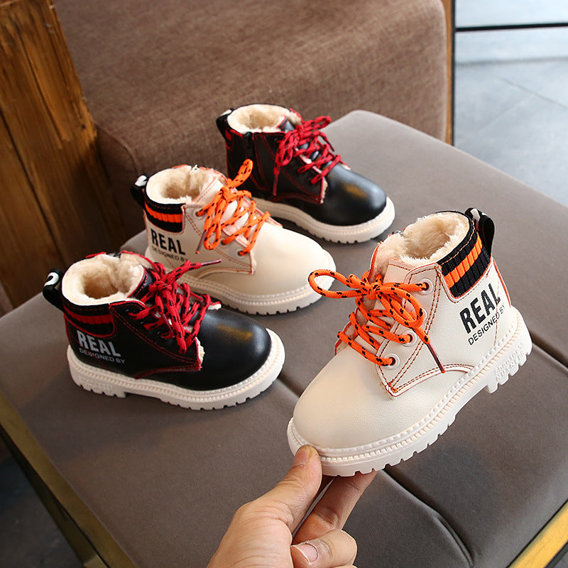 Kids' cotton Martin boots by R&G Boutique with warm lining and side zipper, perfect for fashionable winter wear.