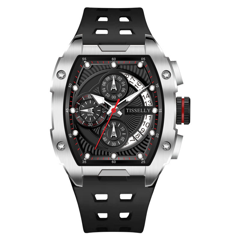 Luminous waterproof curved screen barrel-shaped quartz watch by R&G Boutique with glow-in-the-dark features and sleek design.