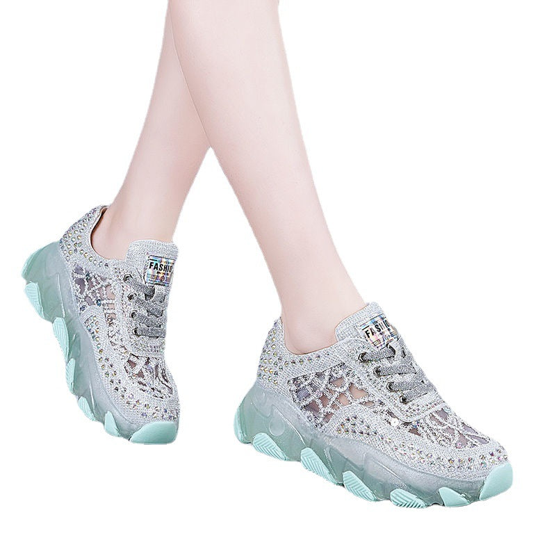 Women's breathable mesh surface hollowed height increasing insoles in sneakers, designed for comfort and added height.