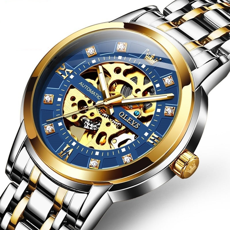 Men's automatic mechanical hollowing watch by R&G Boutique with a sleek black dial and stainless steel band.