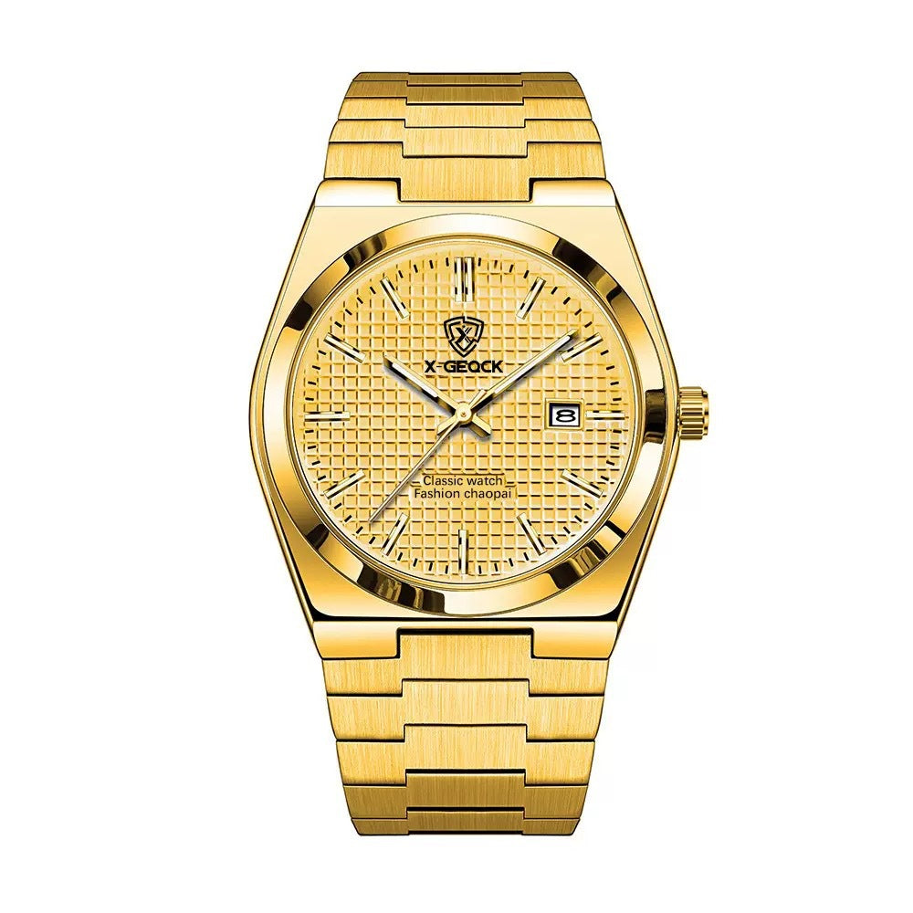 R&G Boutique men's Swiss quartz watch with butterfly clasp, featuring a sleek design and stainless steel band.