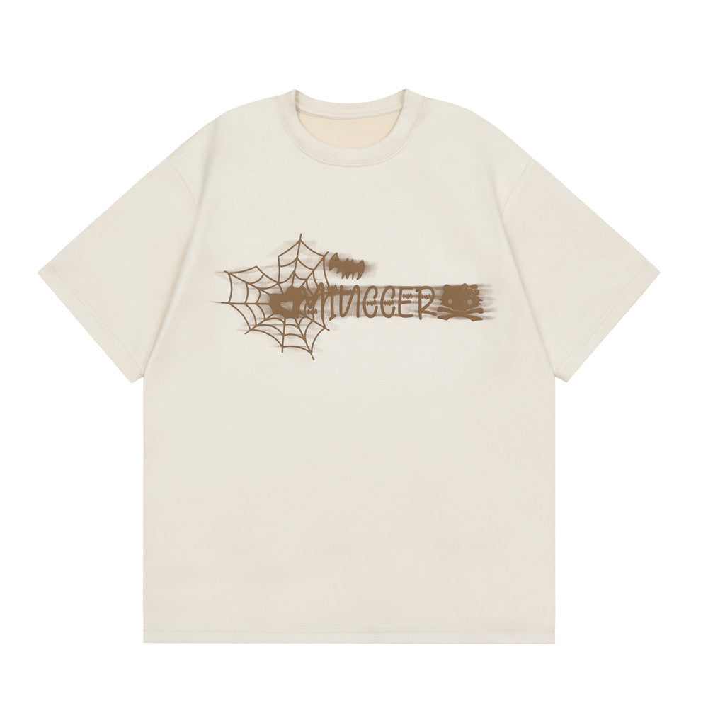 Short-sleeve Spider Web Letter Print T-shirt by R&G Boutique featuring black fabric with white spider web and letter designs.