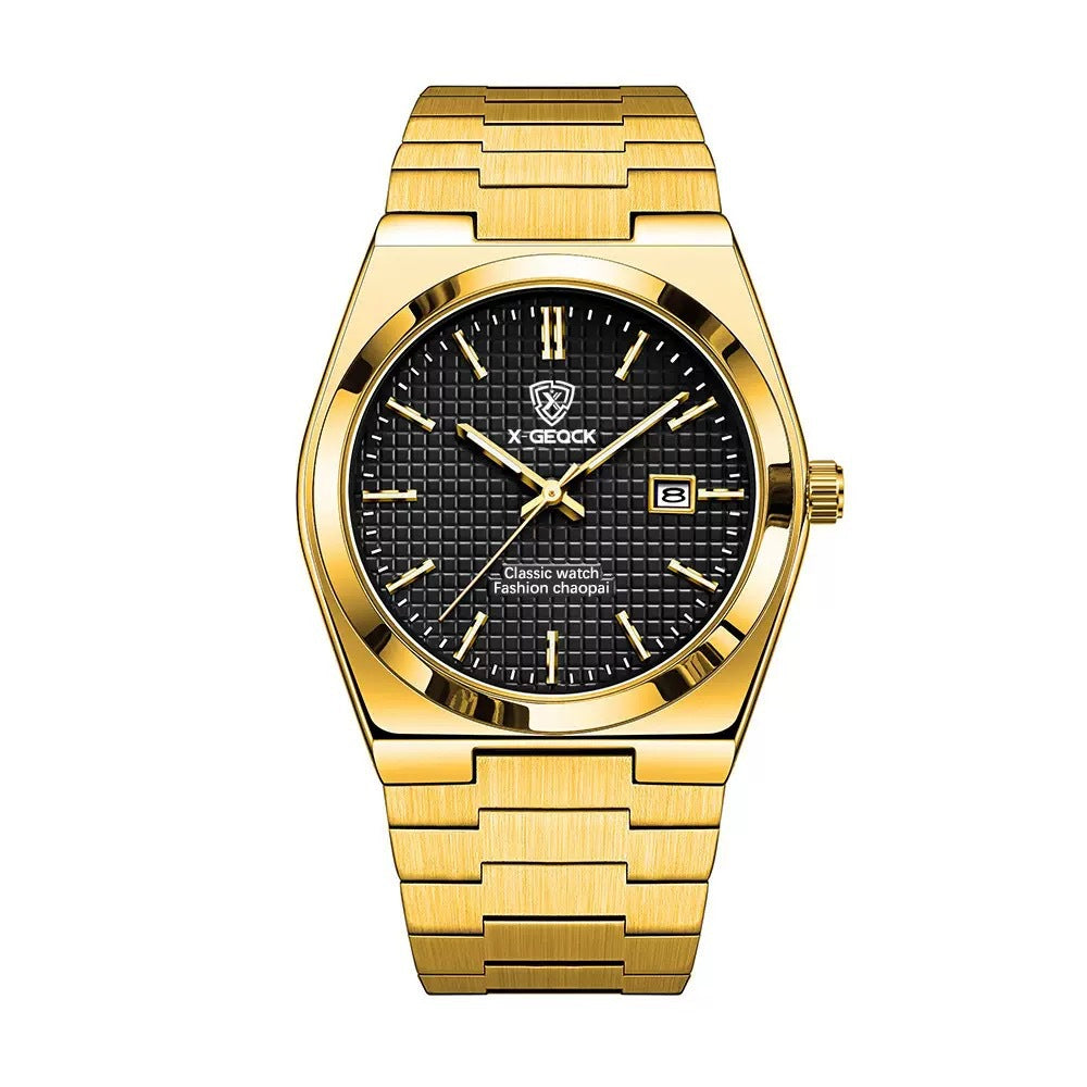 Men's Swiss quartz watch with butterfly clasp from R&G Boutique, featuring a sleek dial and stainless steel strap.