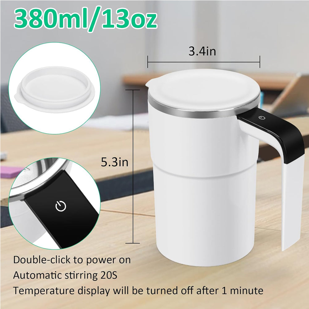 Rechargeable 12oz R&G Boutique self-stirring coffee mug with LED display showing temperature, auto magnetic stirring gadget.