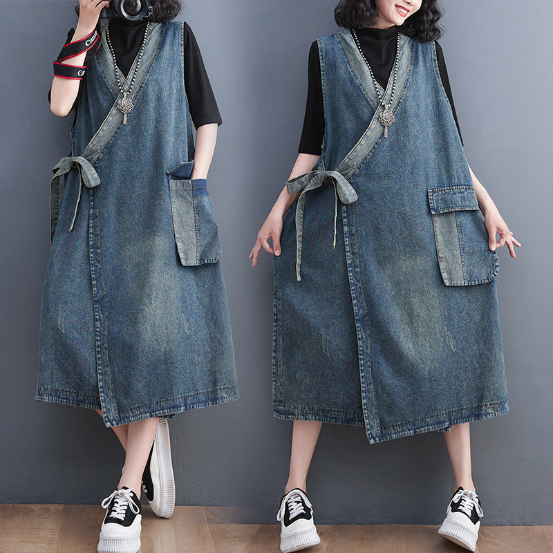 Vintage R&G Boutique denim waistcoat dress with diagonal placket, lace-up front, medium length, sleeveless camisole for women.
