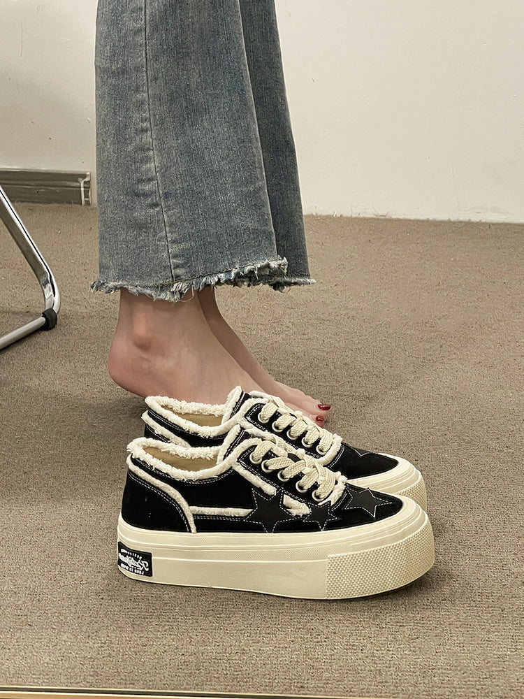 Women's thick-soled denim canvas shoes by R&G Boutique, showing stylish casual footwear with sturdy soles and classic denim design.