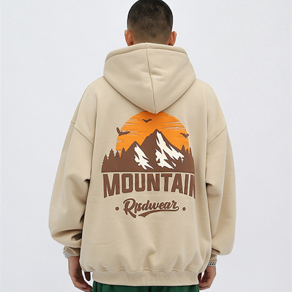 Men's loose hoodie with mountain foam print design, made by R&G Boutique, featuring a casual fit and soft fabric.
