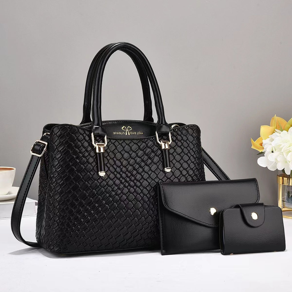 R&G Boutique woven texture three-piece set of large capacity one-shoulder combination bags on white background