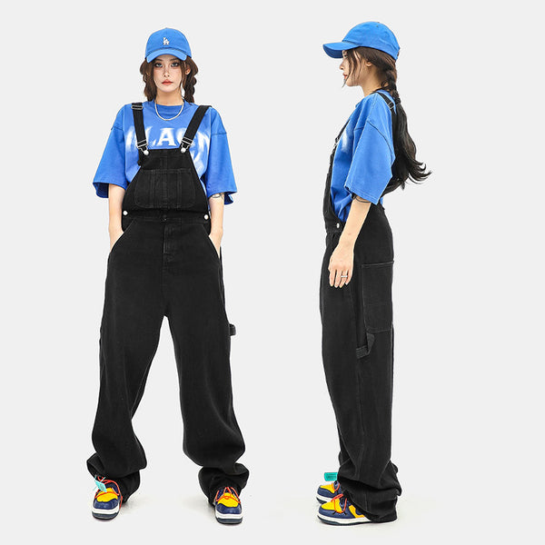 Men's loose denim jumpsuit by R&G Boutique featuring working bib top pants with functional pockets and relaxed fit.