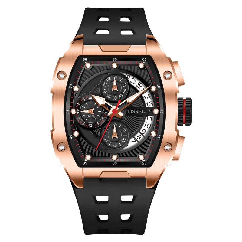 Luminous waterproof curved screen barrel-shaped quartz watch by R&G Boutique with glowing display and sleek design.