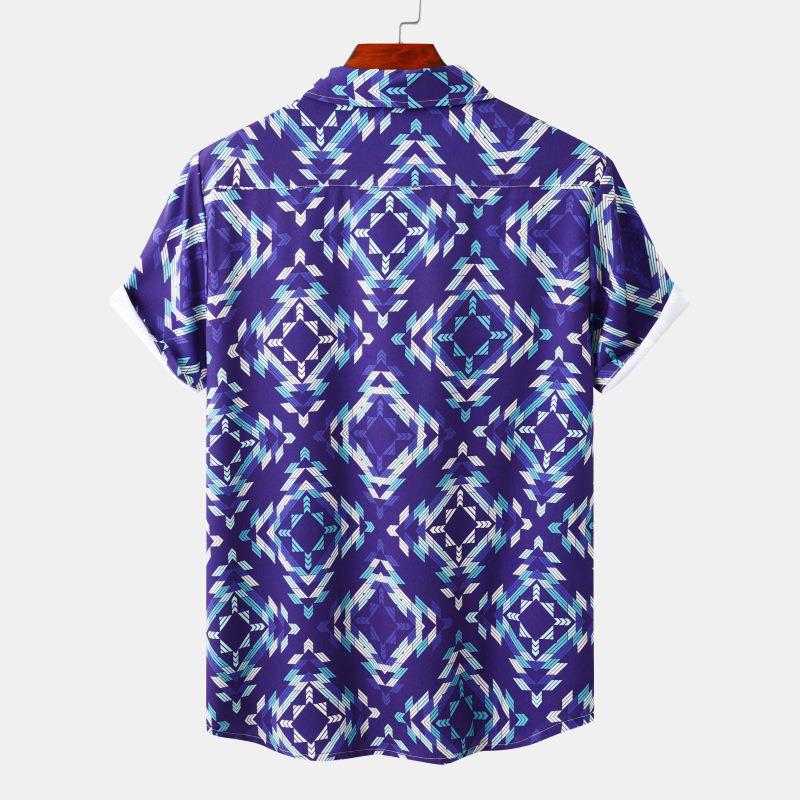 Men's short sleeve beach shirt with ethnic print from R&G Boutique, featuring vibrant patterns and lightweight fabric.