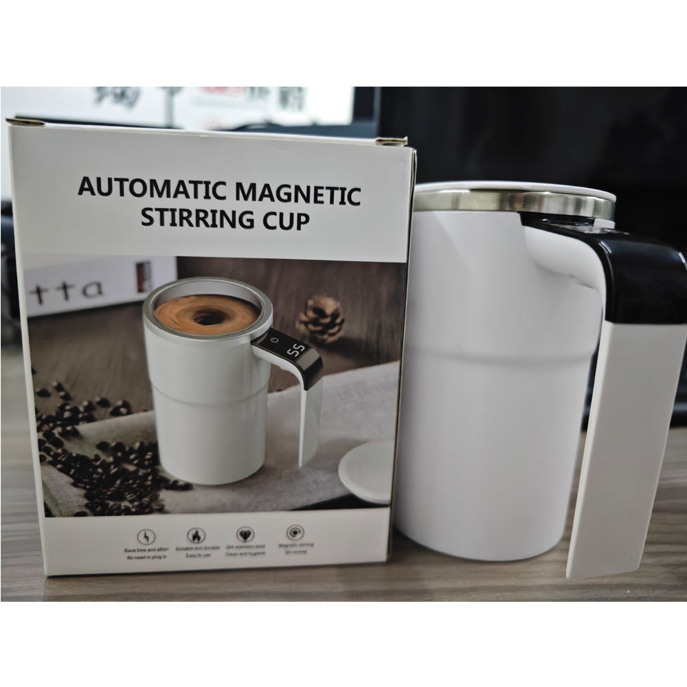 Rechargeable 12oz R&G Boutique self-stirring coffee mug with LED display showing temperature, featuring auto magnetic stirring gadget.