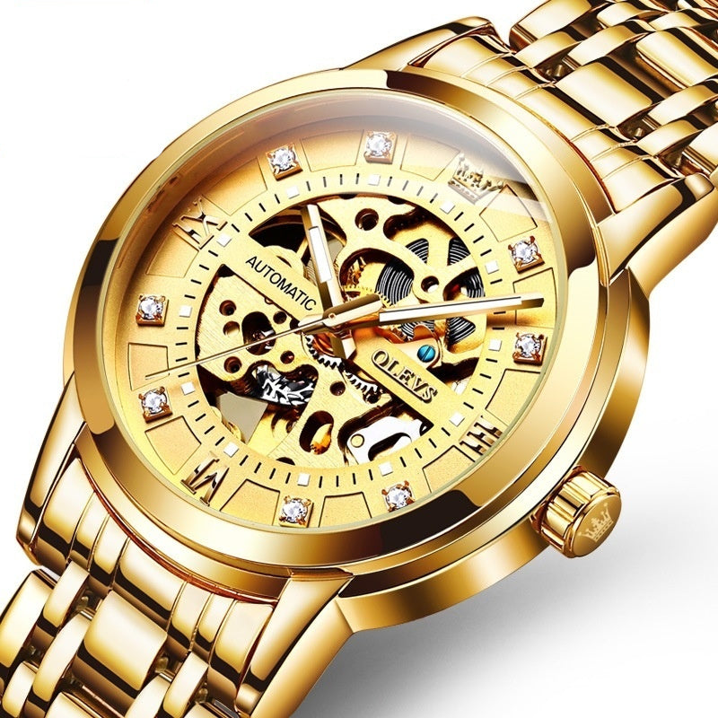 Men's automatic mechanical hollowing watch by R&G Boutique with a sleek design and visible inner movement.