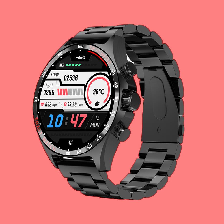 R&G Boutique smart sports watch with health monitoring features, showing a sleek black design on a person's wrist.