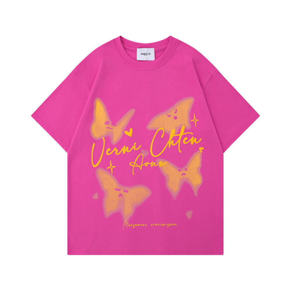 American Butterfly print short sleeve shirt by R&G Boutique, featuring colorful butterfly patterns on lightweight fabric.