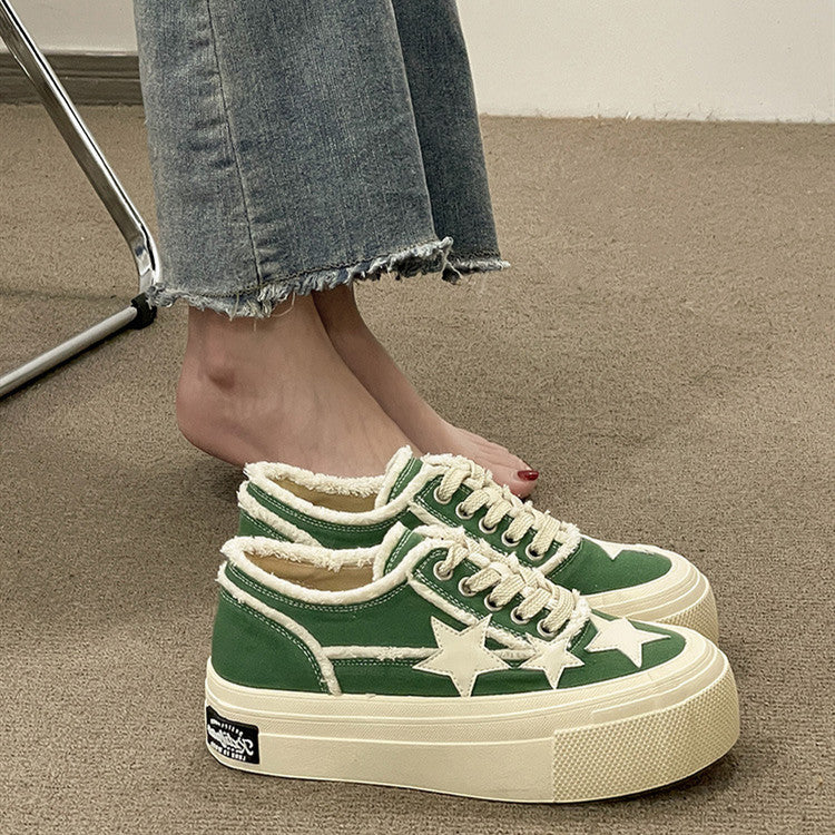 Women's thick-soled denim canvas shoes by R&G Boutique, casual footwear with chunky soles and classic denim design.