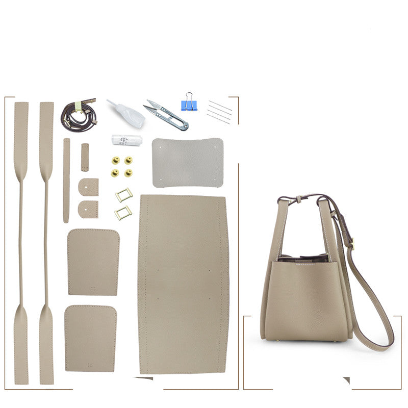 Hand sewing leather pieces for DIY leather bags, showcasing craftsmanship and detailed stitching by R&G Boutique.
