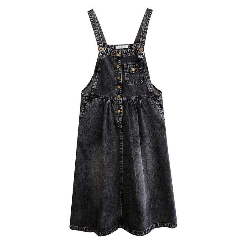 R&G Boutique denim suspender skirt dress with adjustable straps and classic denim fabric, styled for casual wear.