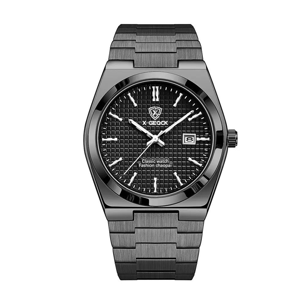 Men's Swiss quartz watch with butterfly clasp from R&G Boutique, featuring a sleek dial and stainless steel band.