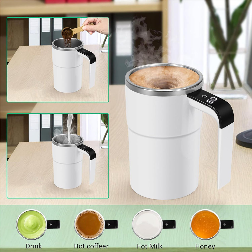 Rechargeable 12oz R&G Boutique self-stirring coffee mug with LED display showing temperature and auto magnetic stirring feature.