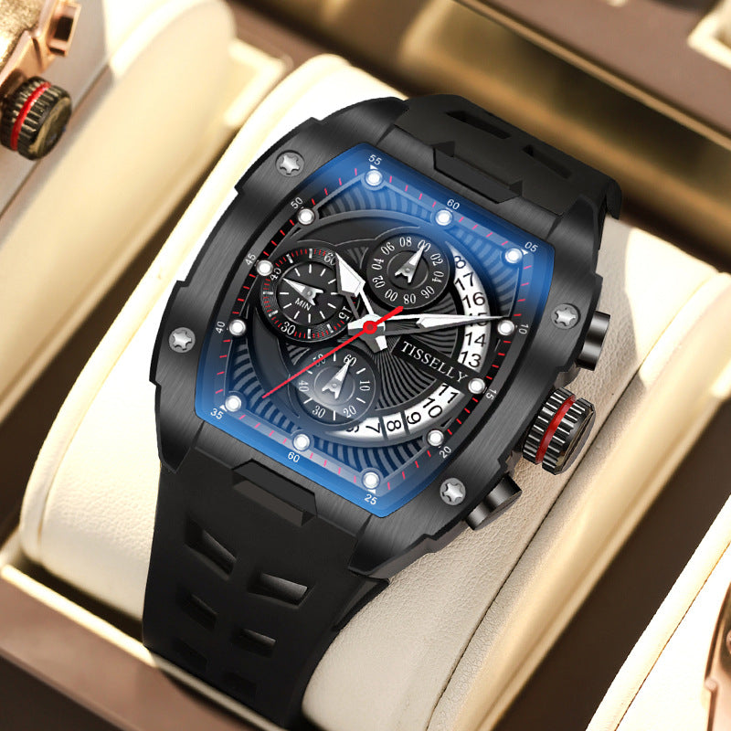 Luminous waterproof barrel-shaped quartz watch by R&G Boutique with a curved screen and luminous dial.