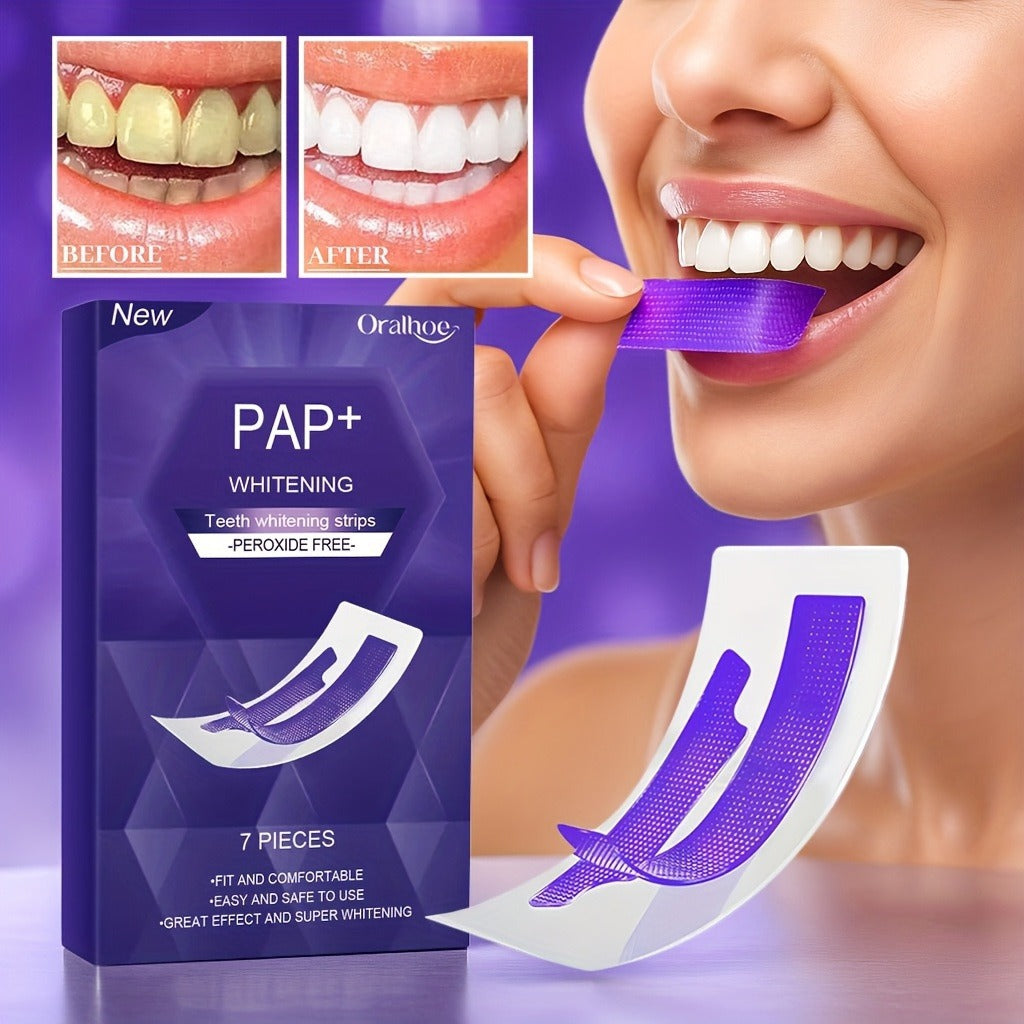 R&G Boutique whitening teeth strips in purple for dry-application, designed for effective mouth care and teeth whitening.