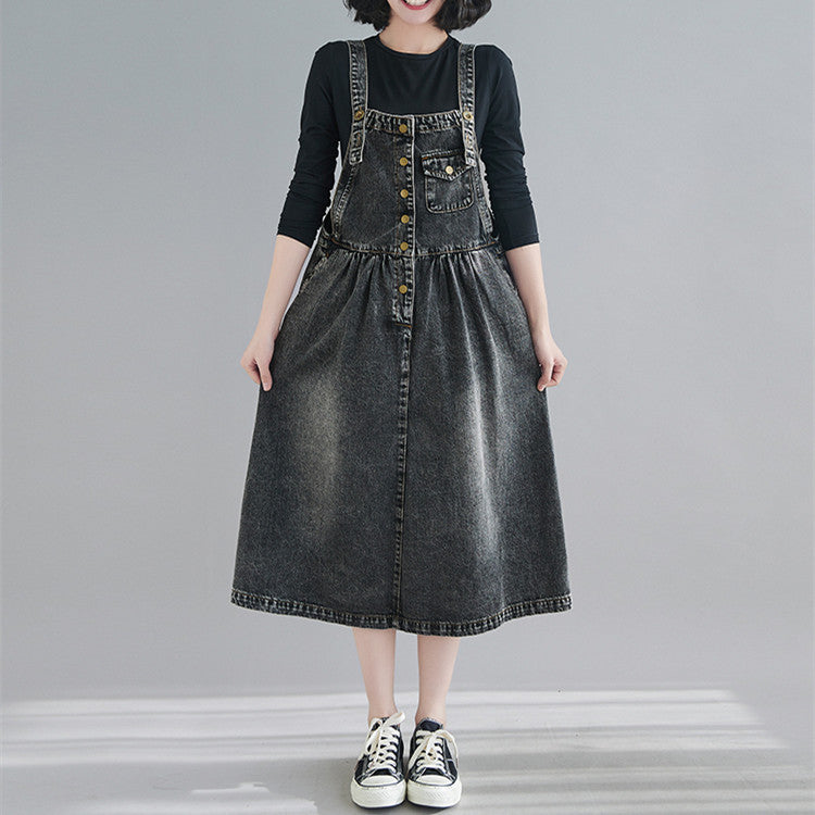 R&G Boutique denim suspender skirt dress featuring a classic denim skirt with adjustable suspenders, casual and stylish for everyday wear.