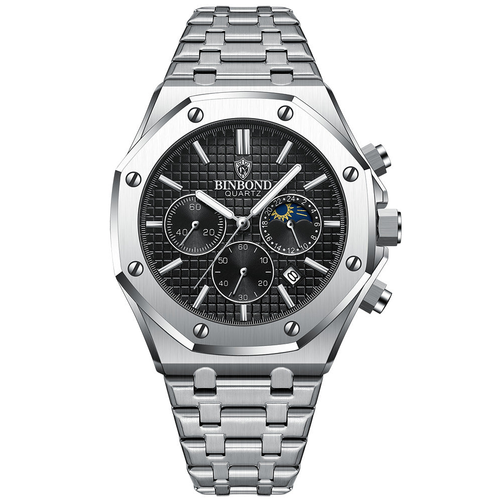 Multi-function men's sports watch by R&G Boutique featuring a digital display, multiple dials, and sporty black strap.