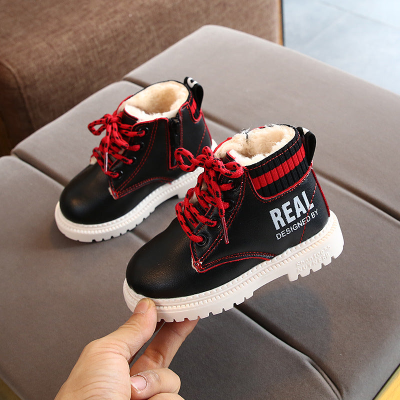 Kids' cotton Martin boots by R&G Boutique with warm lining and side zipper, stylish kids' fashion footwear.