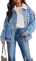 Women's denim jacket with fur collar and classic design by R&G Boutique, shown on a hanger.