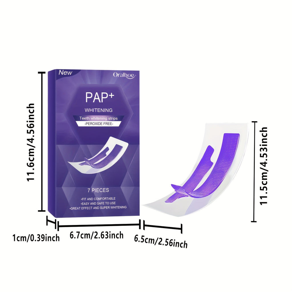 R&G Boutique whitening teeth strips in purple, dry-application mouth care product shown on a clean surface with packaging.