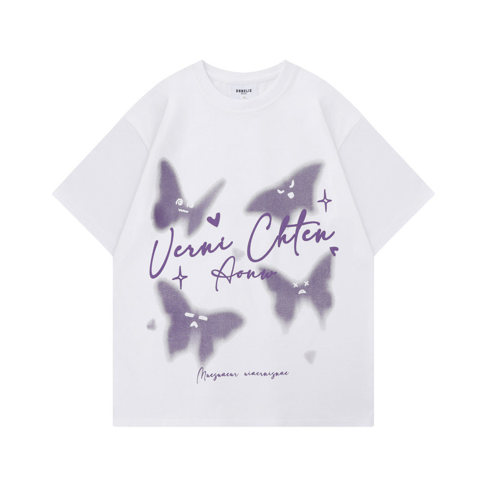 American butterfly print short sleeve shirt from R&G Boutique featuring a vibrant butterfly design on lightweight fabric.