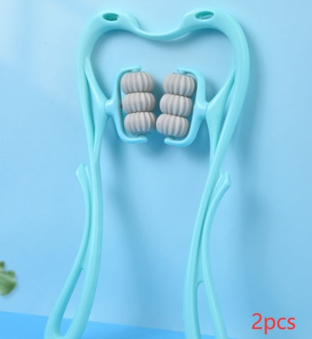R&G Boutique six-wheel manual neck massager with rollers for pain relief and muscle relaxation in a beauty therapy setting.