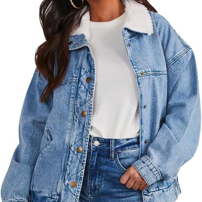 Women's denim jacket with fur collar, R&G Boutique denim coat featuring classic blue denim and cozy fur trim.