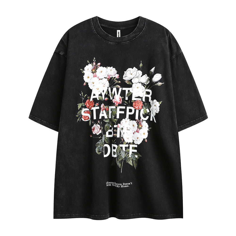 Men's short-sleeve T-shirt with fashion flower letter print by R&G Boutique, featuring colorful floral and letter design.
