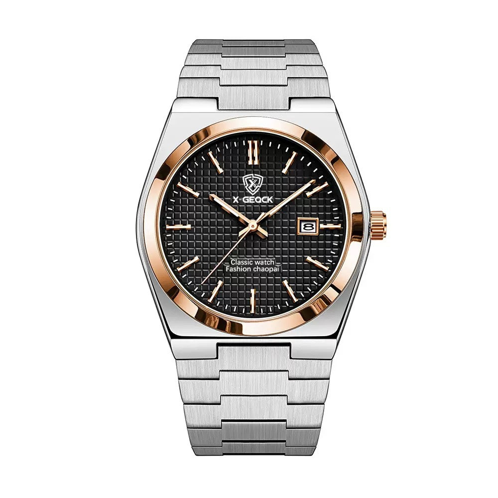 Men's Swiss quartz watch with butterfly clasp by R&G Boutique, featuring a sleek dial and stainless steel band.