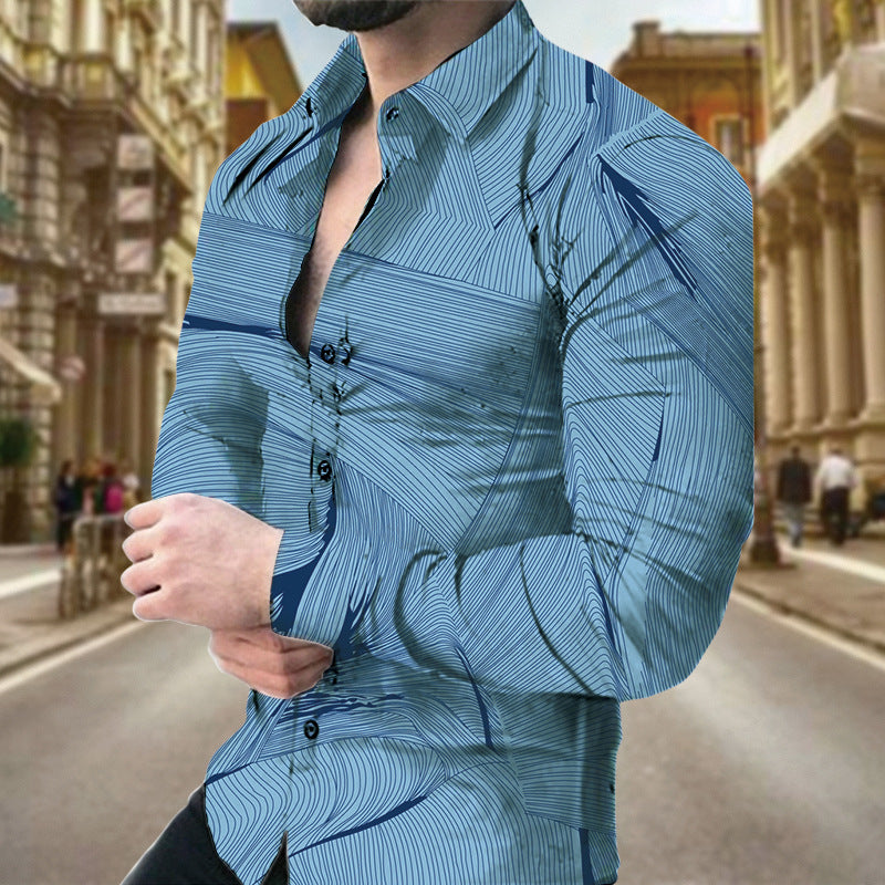 Men's long sleeve shirt with geometric print by R&G Boutique, featuring a stylish pattern and classic collar design.